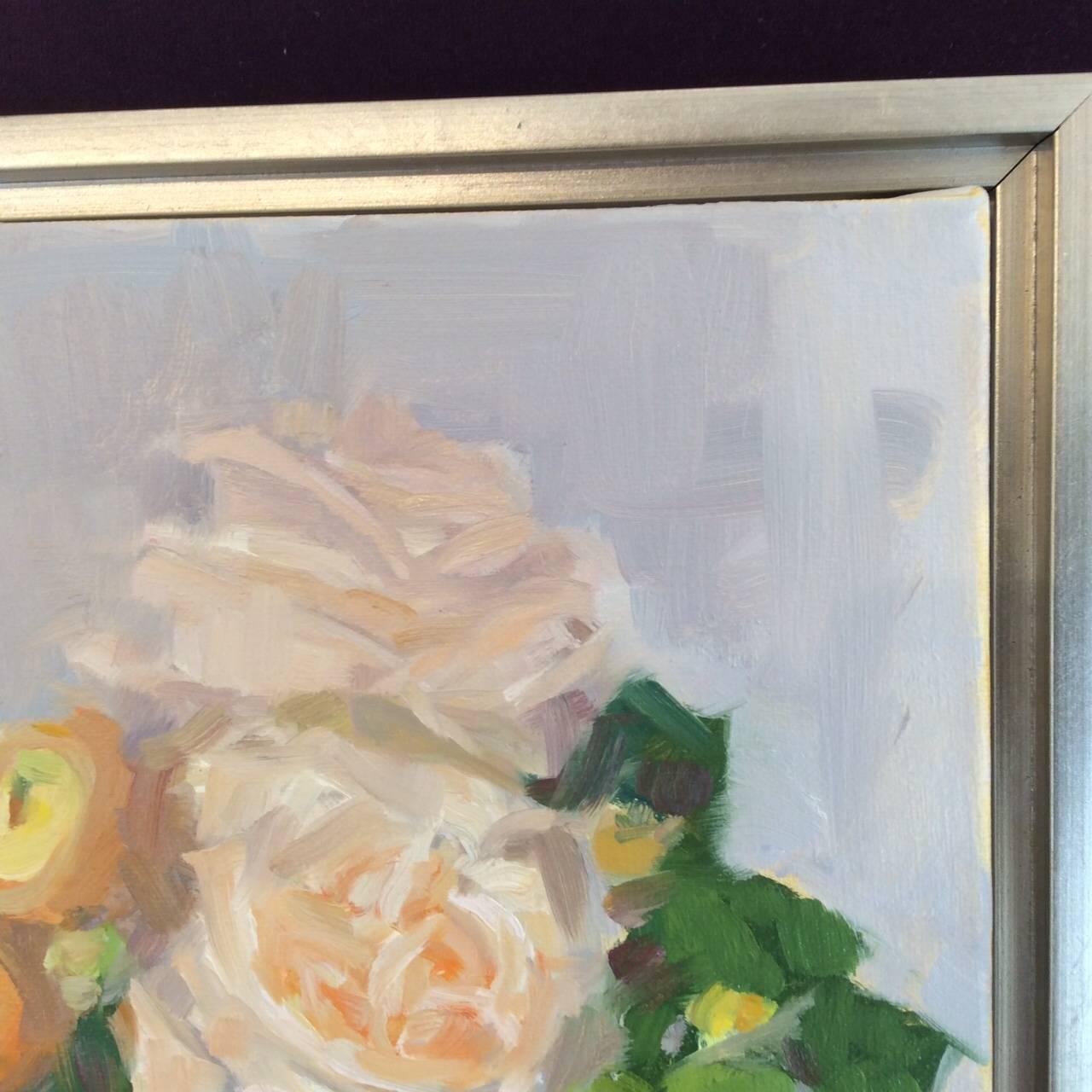 This painting is one of Monique Lazard's exquisite and painterly floral still lifes. The density of paint she applies to her canvases is belied by her light, airy brushwork. Featuring lush flowers like peonies, roses, ranunculus and bell flowers,