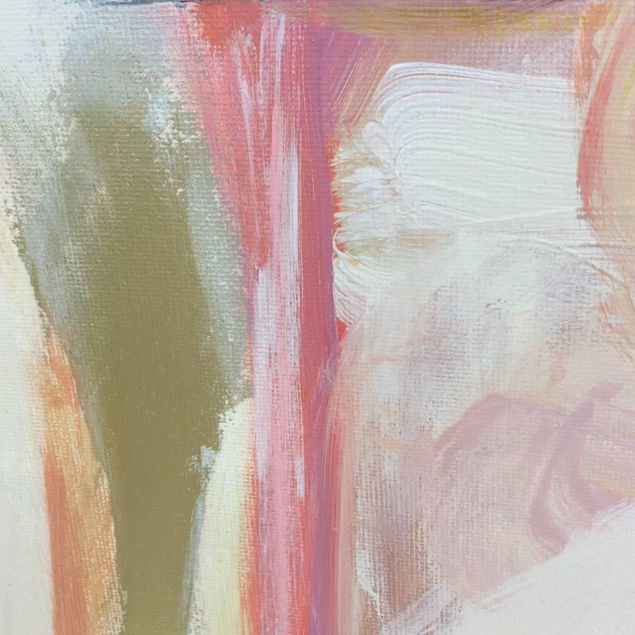 "Window II" is a harmonious and energetic study in color, volume and line. To create this painting, Scheidt took as her point of departure a  palette of pinks, peaches, creams, charcoals, and golds. She began her mark-making process to