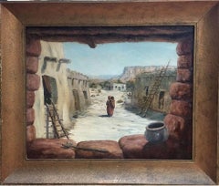 "Adobes"  Beautiful Colors unusal scene inside looking out Native American