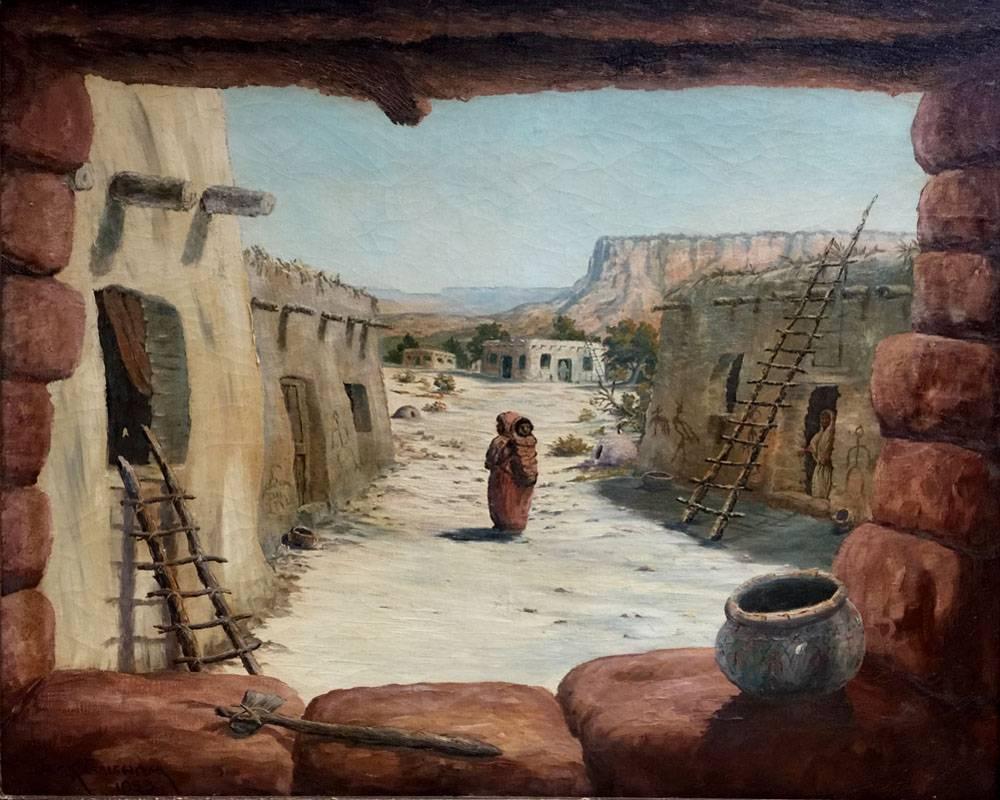 Jack Grisham Landscape Painting - "Adobes"  Beautiful Colors unusal scene inside looking out Native American