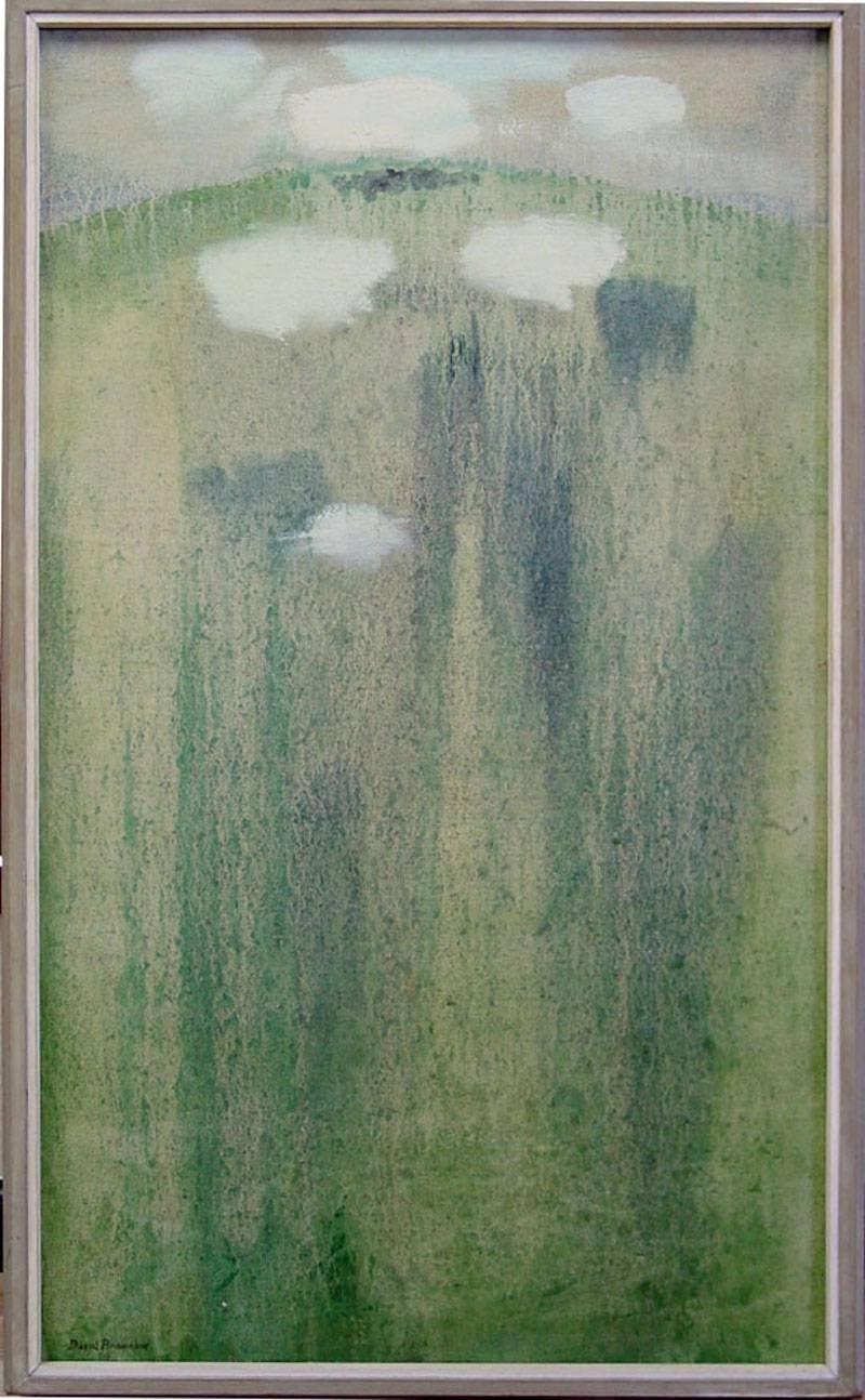 David Brownlow Landscape Painting - "Alpine Clouds"  Mid Century Modern West Texas Greens / Whites
