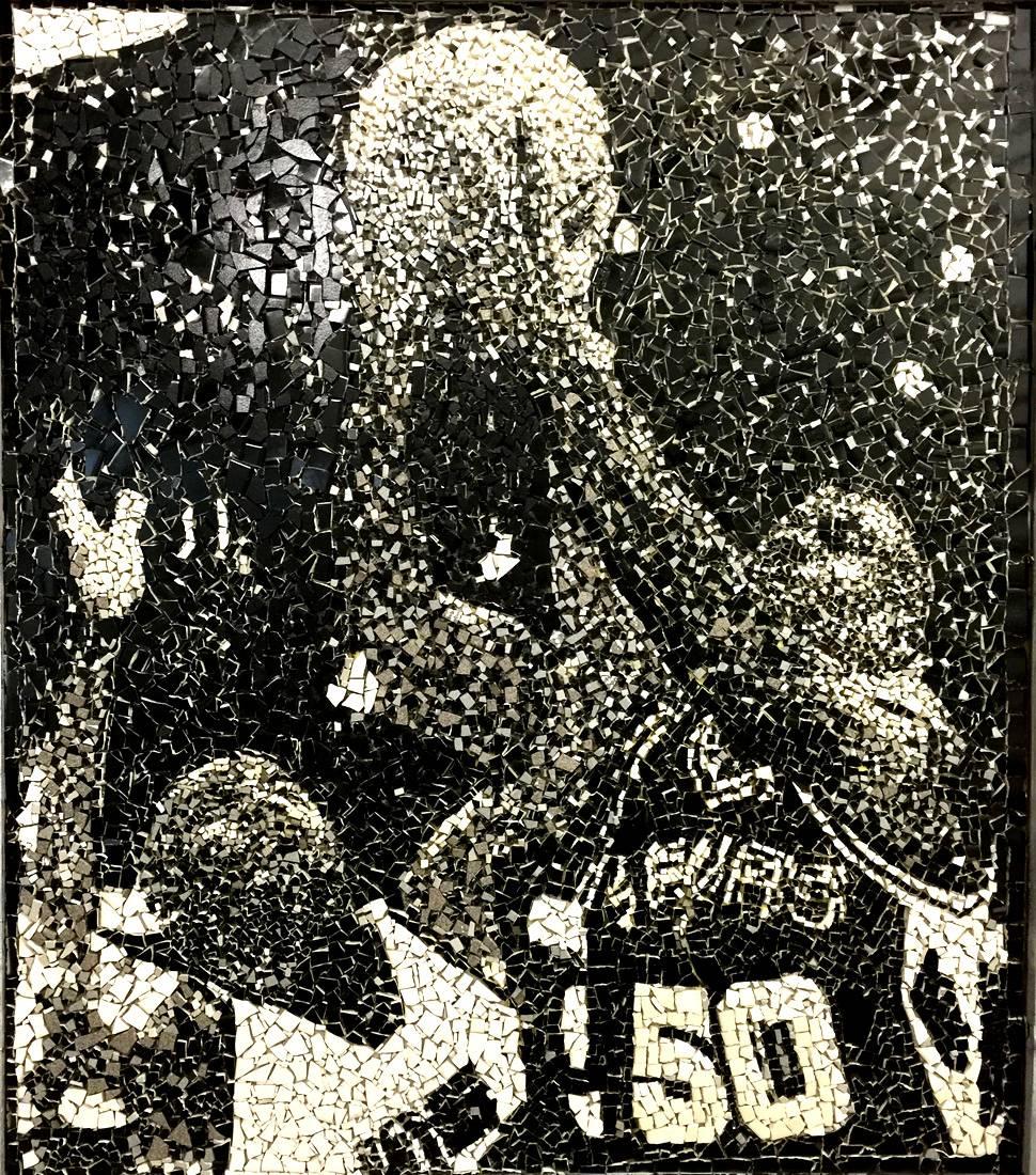 Jonas Perkins Figurative Sculpture - "Rebound"  David Robinson Charles Barkley  Basketball tile Mosaic Black & White