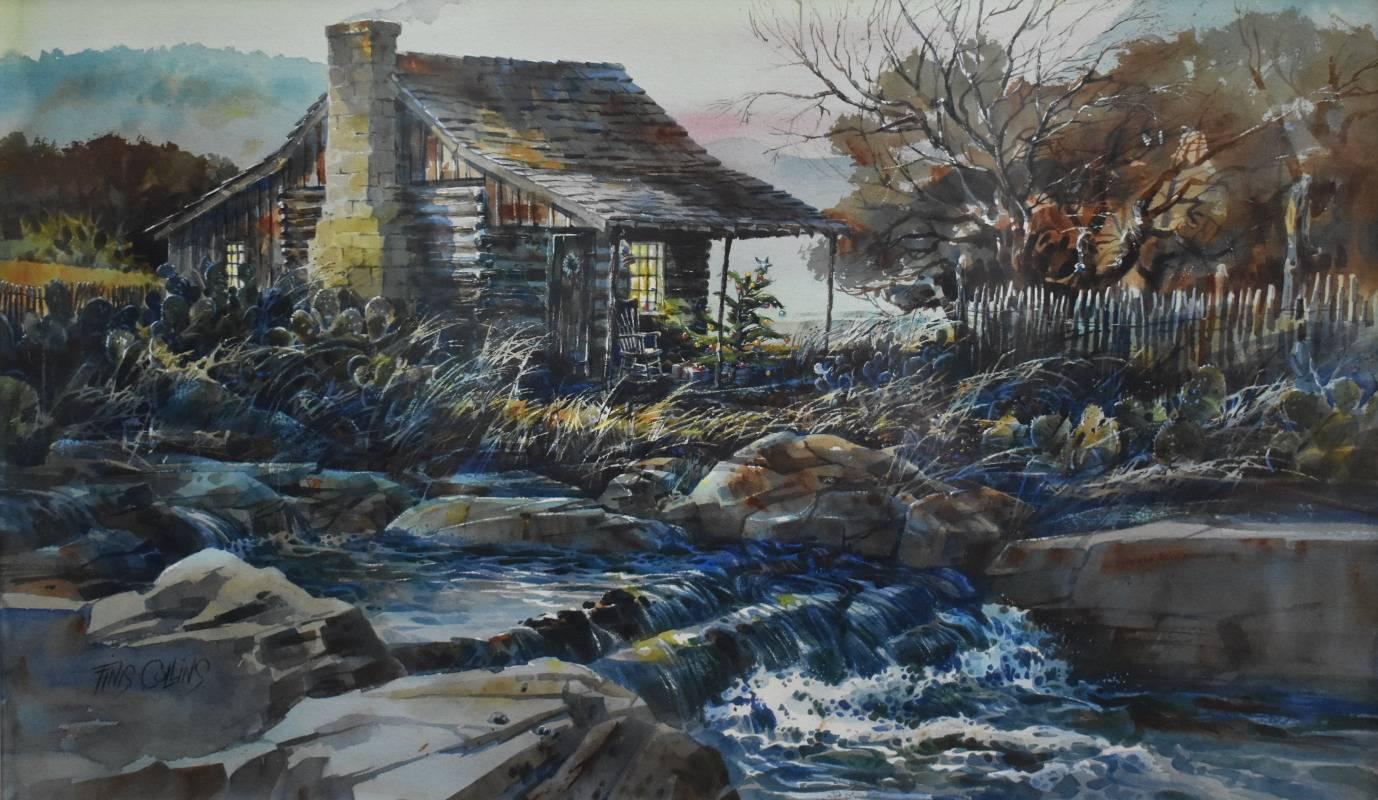 Finis Collins Landscape Painting - "Texas Cabin Christmas"  Awesome Watercolor