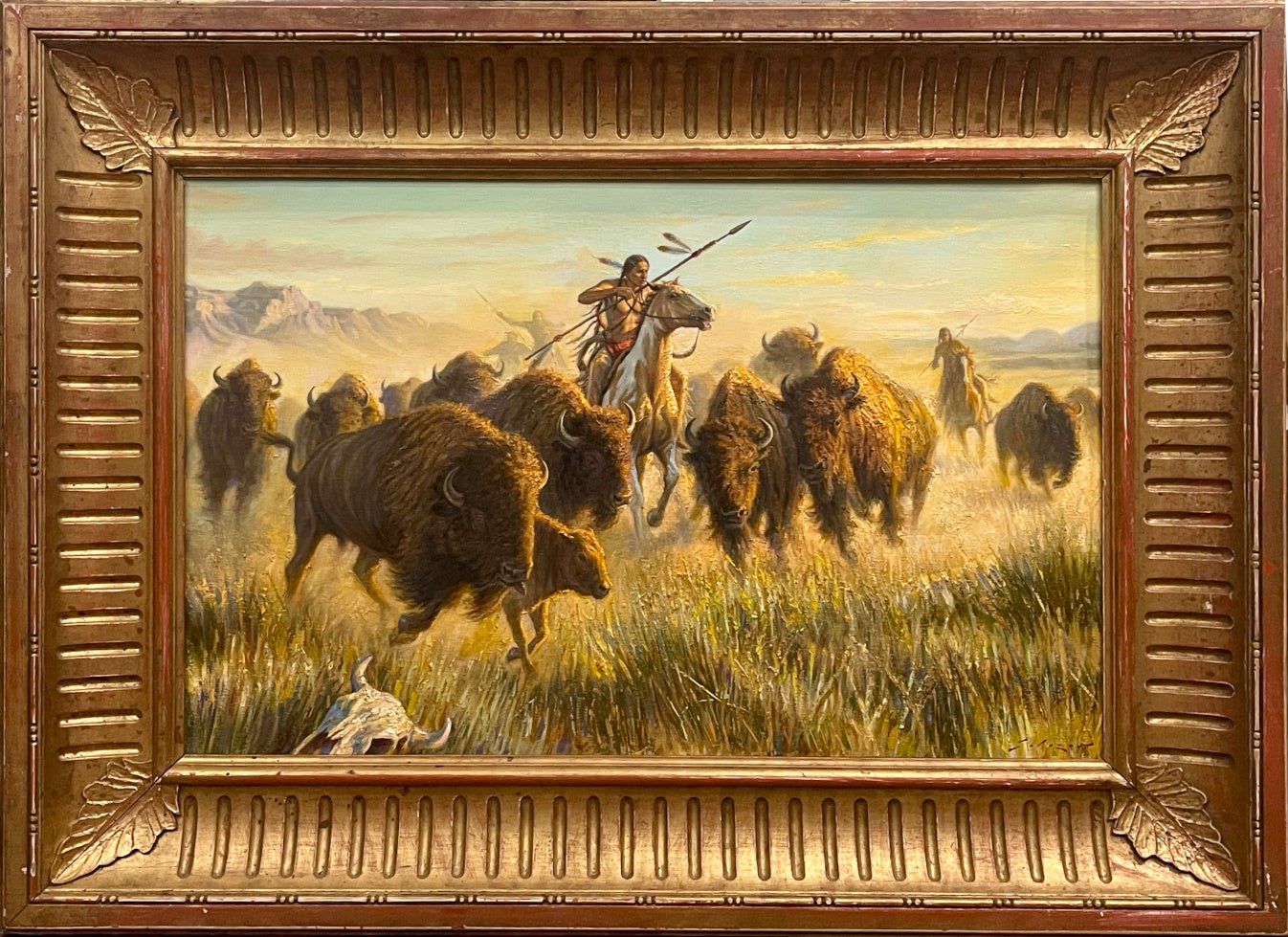 „BUFFALO HUNT“ BISON WESTERN NATIVE AMERICAN INDIAN, Rahmengröße 42 x 57