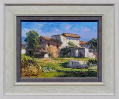 "CASAS EN EL CAMPO" CATALONIA SPAIN OIL APPLIED PALETTE KNIFE TEXAS ARTIST 1972