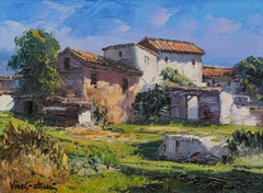 « CASAS EN EL CAMPO » CATALOGNE, ESPAGNE – PEINTURE À L'HUILE APPLIQUÉE AU COUTEAU À PALETTE – ARTISTE DU TEXAS, 1972