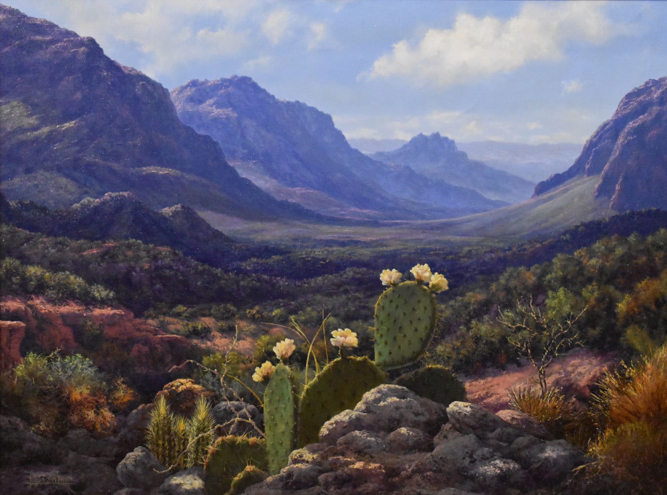 Huertas Aguiar Landscape Painting - "VALLEY OF MIST" WEST TEXAS MOUNTAINS. FRAME SIZE 47 X 59 SPECTACULAR LANDSCAPE