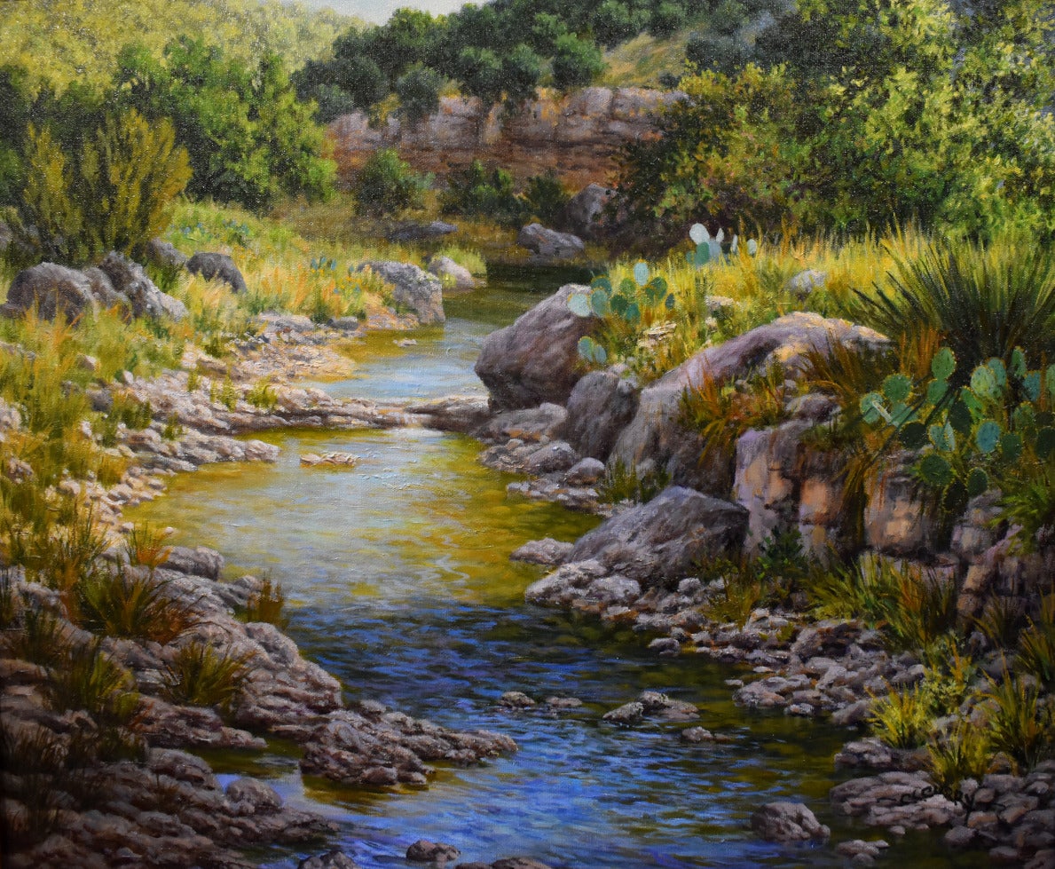 Charlotte Curry Landscape Painting – „Ein Tag am Bach“ – LANDSCHAFT IM TEXAS HILL COUNTRY. SZENE AM FLIESSENDEN BACH