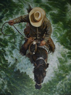 "RIVERBOUND WRANGLER" WESTERN, COWBOY, HORSE, RIVER, ED SALAZAR FRAMED 54 x 43