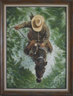 "RIVERBOUND WRANGLER" WESTERN, COWBOY, HORSE, RIVER, ED SALAZAR FRAMED 54 x 43