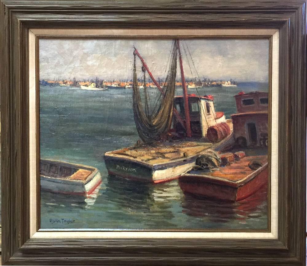Rolla Taylor   (1872-1970)  San Antonio Artist  Image Size: 20 x 24  Frame Size: 28 x 32  Medium: Oil  &quot;Shrimp Boats&quot;
Biography 
Rolla Taylor (1872-1970) 
Taylor, originally from Galveston, Texas, started painting at the age of 14. Before