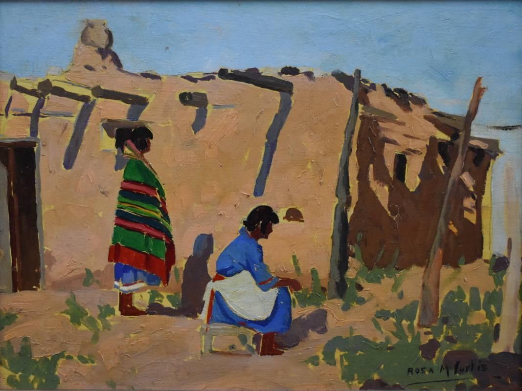 Adobe Home with Two Women.  Most likely Navajo.  Santa Fe Artist .  New Mexico - Painting by Rosa Margaret Curtis