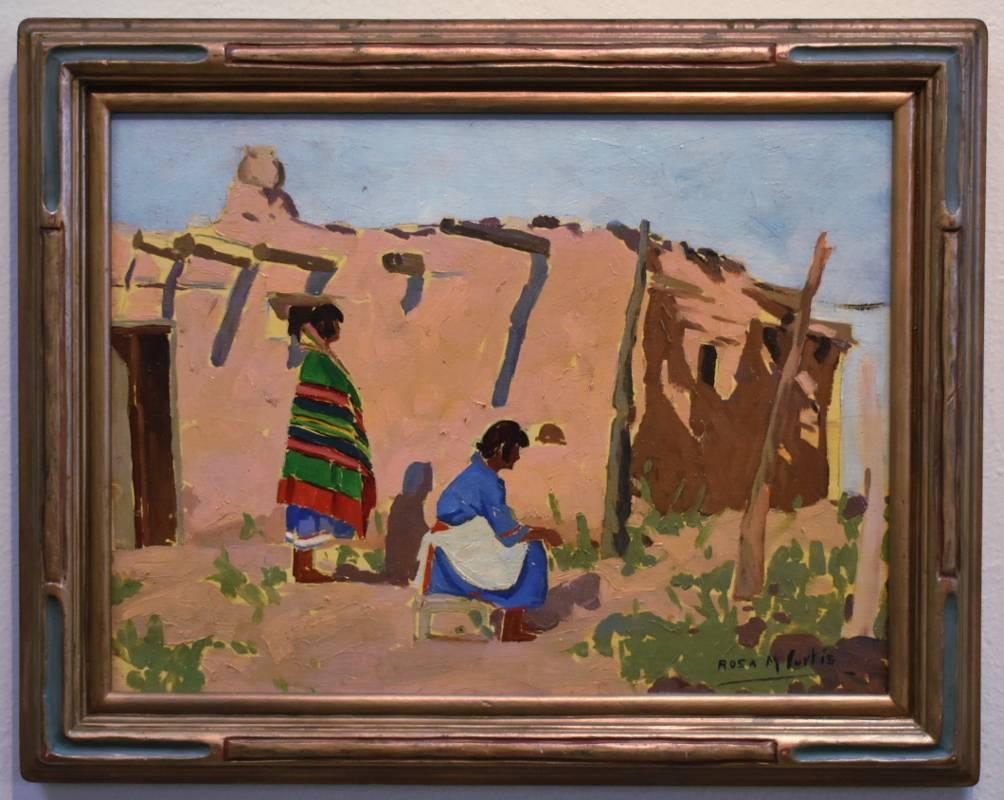 Rosa Margaret Curtis Figurative Painting - Adobe Home with Two Women.  Most likely Navajo.  Santa Fe Artist .  New Mexico