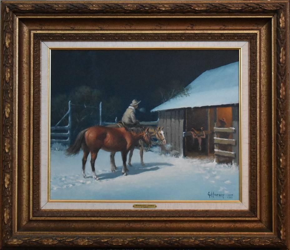 G. Harvey Animal Painting - "A WRANGLER'S CHORES"  Painted 1967 WESTERN COWBOY HORSES NOCTURNAL SNOW SCENE