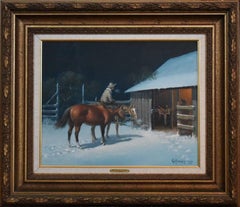 « A WRANGLER'S CHORES » Peint en 1967 - SNOW SCENE NOCTURNAL DE WESTERN COWBOY HORSES