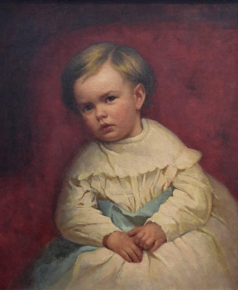 Platt Ryder Portrait Painting - "The Little Convalescent" Extremely beautiful baby white / blue  reds