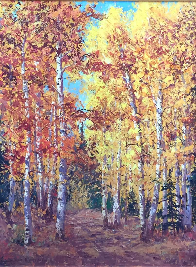 Eugene Thurston Landscape Painting - "Golden Autumn"  Yellows, Reds,  Aspens Gorgeous Fall Colors