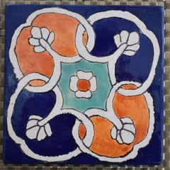 Vintage San Jose "Floral Geometric Tile" Art Tile hand made & hand decorated. Deep blues