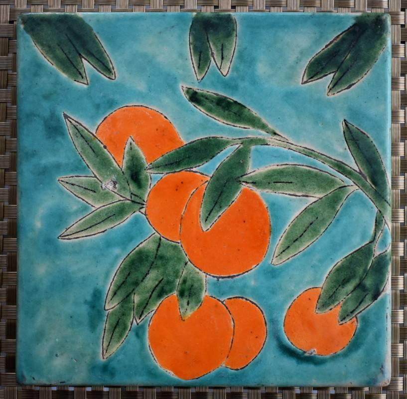 San Jose Pottery.  6 x 6 inch art tile.  Has a insignificant glaze pop from firing on front and a tiny chip on the underside corner.  
Biography 
San Jose Pottery 
&quot;San José&quot; is used generically to include several makers of similar-looking