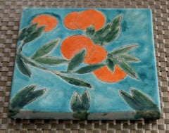"Orange Fruit Tree Tile" Art Tile hand made and hand decorated.  Teal blues