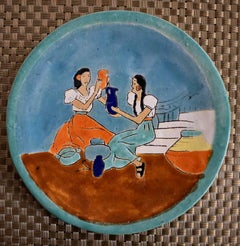 Vintage "Mexican Women w Pitchers" Art plate hand made and hand decorated.