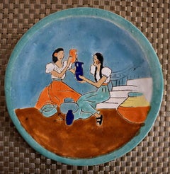 Vintage "Mexican Women w Pitchers" Art plate hand made and hand decorated.  