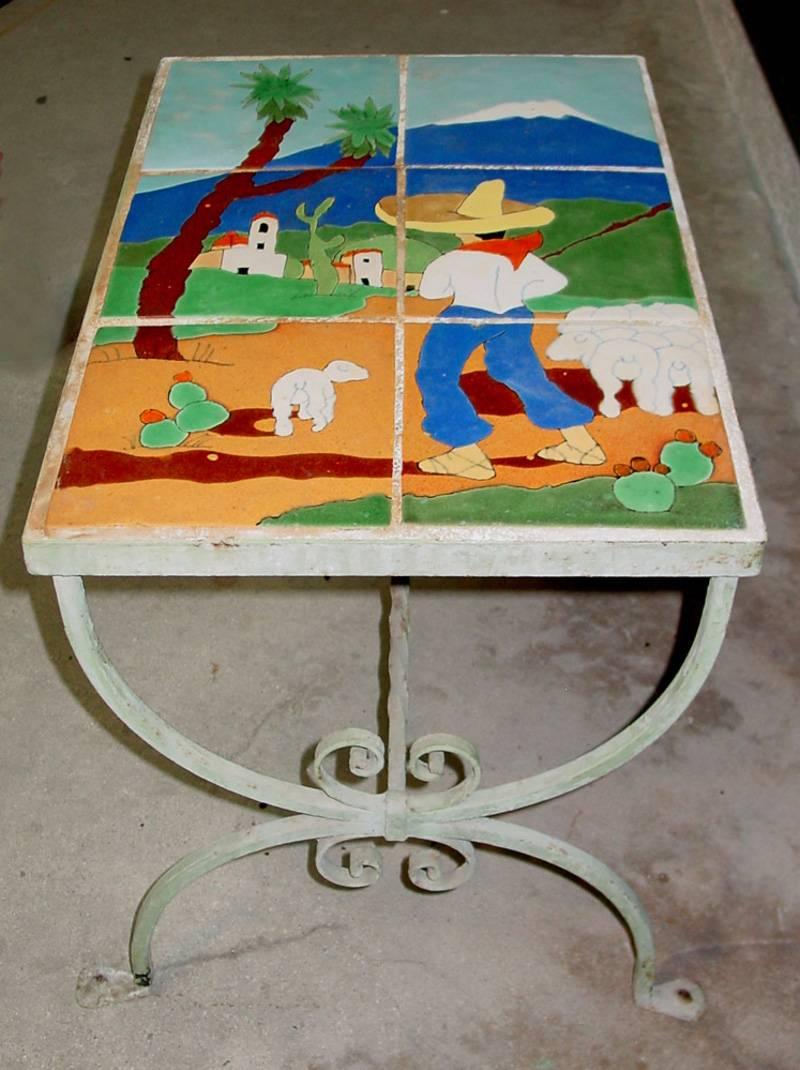 „SCENIC ART TILE TABLE“ ART TILE TABLE 1930er Jahre Mexikanisches Thema – Art von Unknown