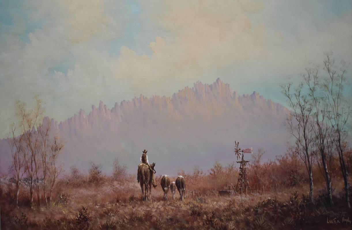 Lester Hughes Landscape Painting - "Bring Em Back"  Western Mountains, Cattle, Cowboy, Horse