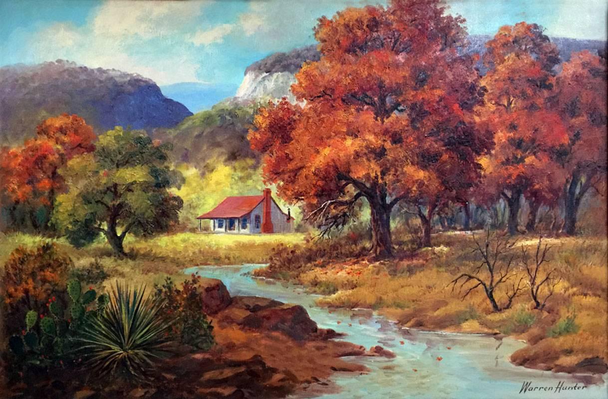 Warren Hunter Still-Life Painting - "RANCH IN FALL"  GREAT FALL COLORS REDS YELLOW BURNT ORANGES. Texas Hill Country