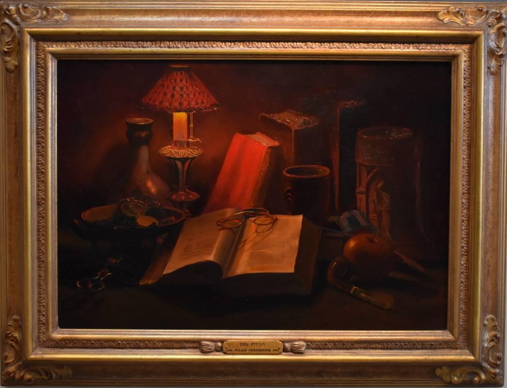 Julian Onderdonk Still-Life Painting - "The Study"  Still life.  Book, Glasses, Candle, Lamp etc.  Famed Texas Artist