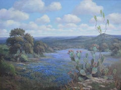 "Jubilant Spring" Texas Hillcountry Bluebonnets Prickly Pear Cactus Blues Greens