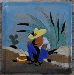 "MEXICAN SIESTA" Art Tile hand made and hand decorated.  Deep blues
