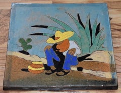 "MEXICAN SIESTA" Art Tile hand made and hand decorated.  Deep blues