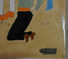 "MEXICAN COCK FIGHT" Art Tile hand made and hand decorated.  Deep blues