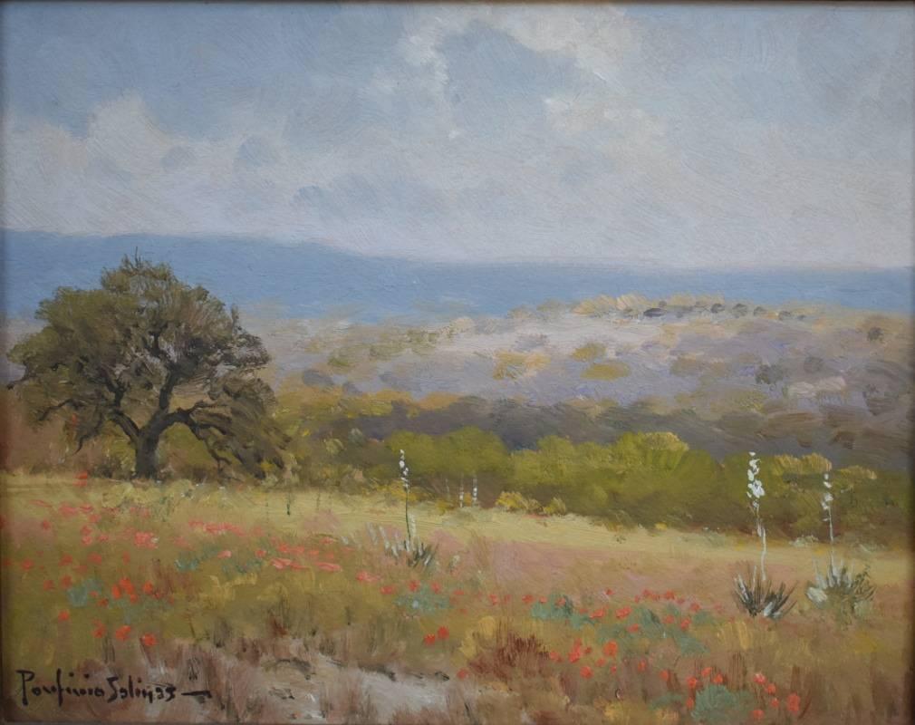 Porfirio Salinas Landscape Painting - "Indian Paint Brush & Cactus" Texas Hill Country Painting Texas Wildflowers