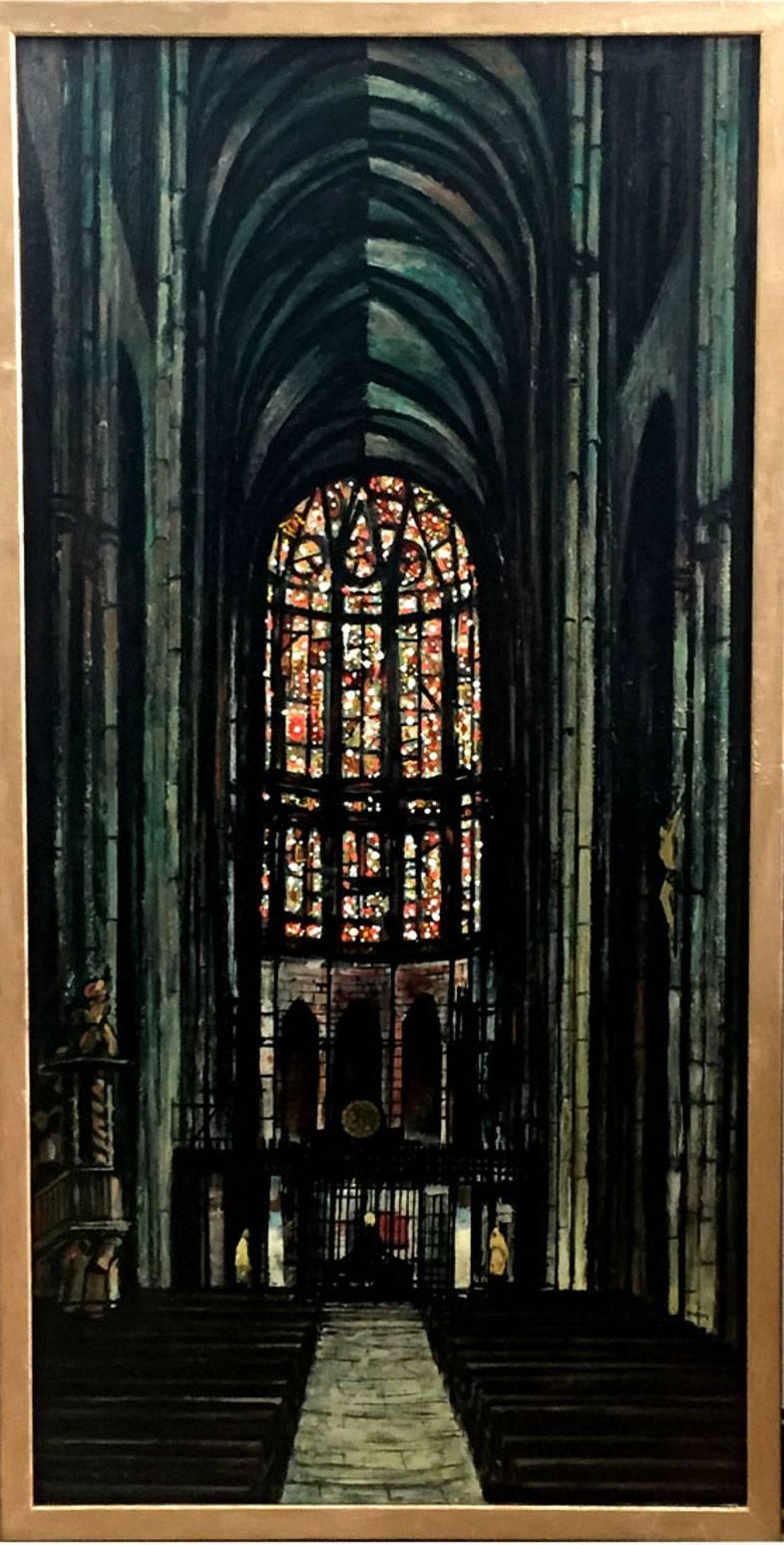 Michael Frary Landscape Painting -  "Notre Dame de Amiens"  Mid Century Modern Texas Painting Oil 