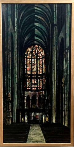 Vintage  "Notre Dame de Amiens"  Mid Century Modern Texas Painting Oil 