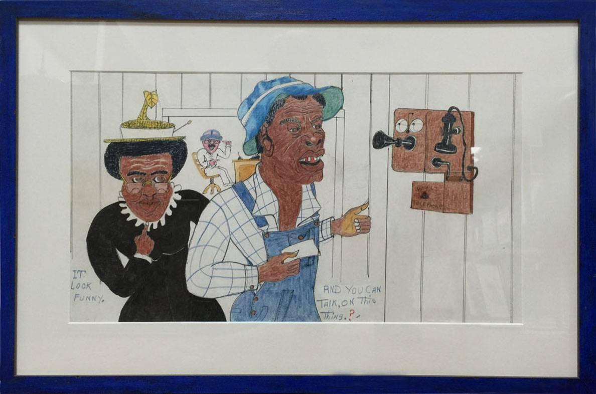 Johnny Banks Figurative Painting - "The First Time on Telephone"    Black African American Folk Painting