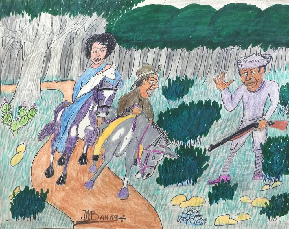 "Deux chevaux chevauchant dans les bois"  Johnny Banks, artiste populaire noir du Texas, Afrique 