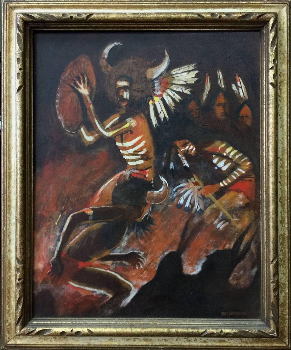 Charles Beckendorf Figurative Painting - "Indian Warriors"  Native American War Dance