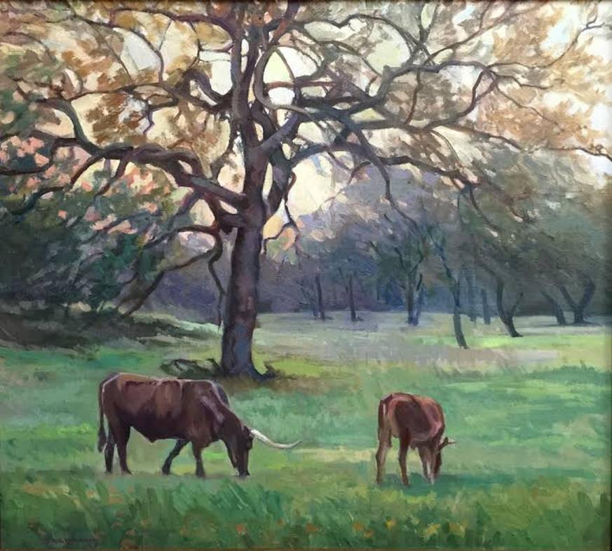 Eric Harrison Landscape Painting - "Close of the Day" Texas Hillcountry Landscape with Texas Longhorns