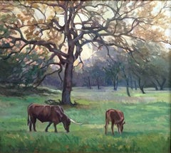 „Close of the Day“ Texas Hillcountry-Landschaft mit texanischen Longhorns