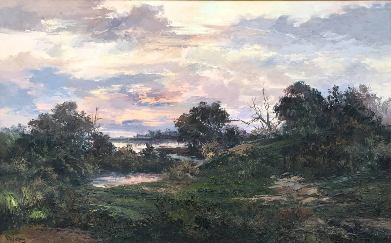 Jose Vives-Atsara Landscape Painting - "SUNSET"  Hondo Texas   INCREDIBLE PALETTE KNIFE PAINTING