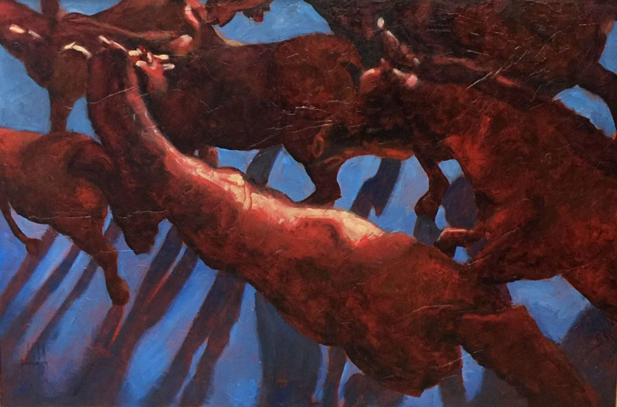 Animal Painting di Joel Sidney Kelly  - "Dal tramonto all'alba"  Una prospettiva insolita di una mandria di cavalli. Guardando dall'alto