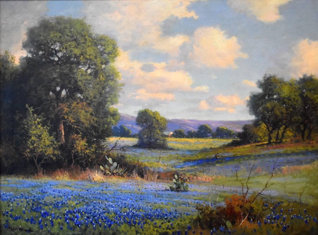 Robert William Wood Landscape Painting - "Bluebonnets Texas Hill Country"  Circa 1930s Texas Wildflowers