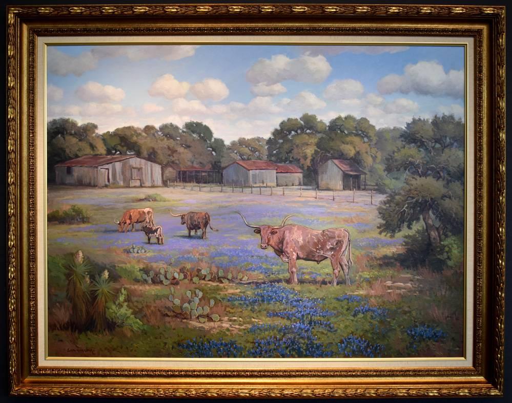 Eric Harrison Landscape Painting - "Rural Texas Charm"  Bluebonnets and Longhorns near Kendalia Texas Painting 