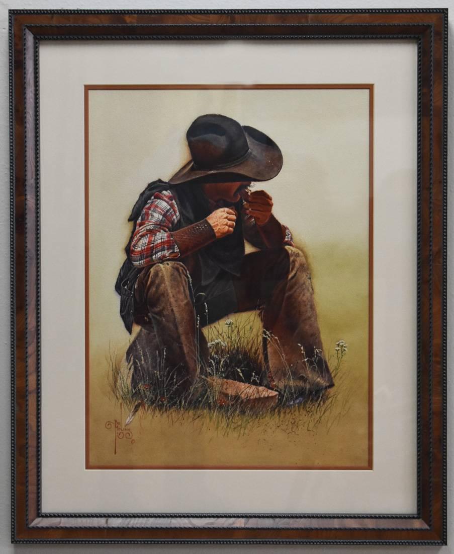 Bob Moline Figurative Painting - "Chow Time" Western Texas Cowboy painting.