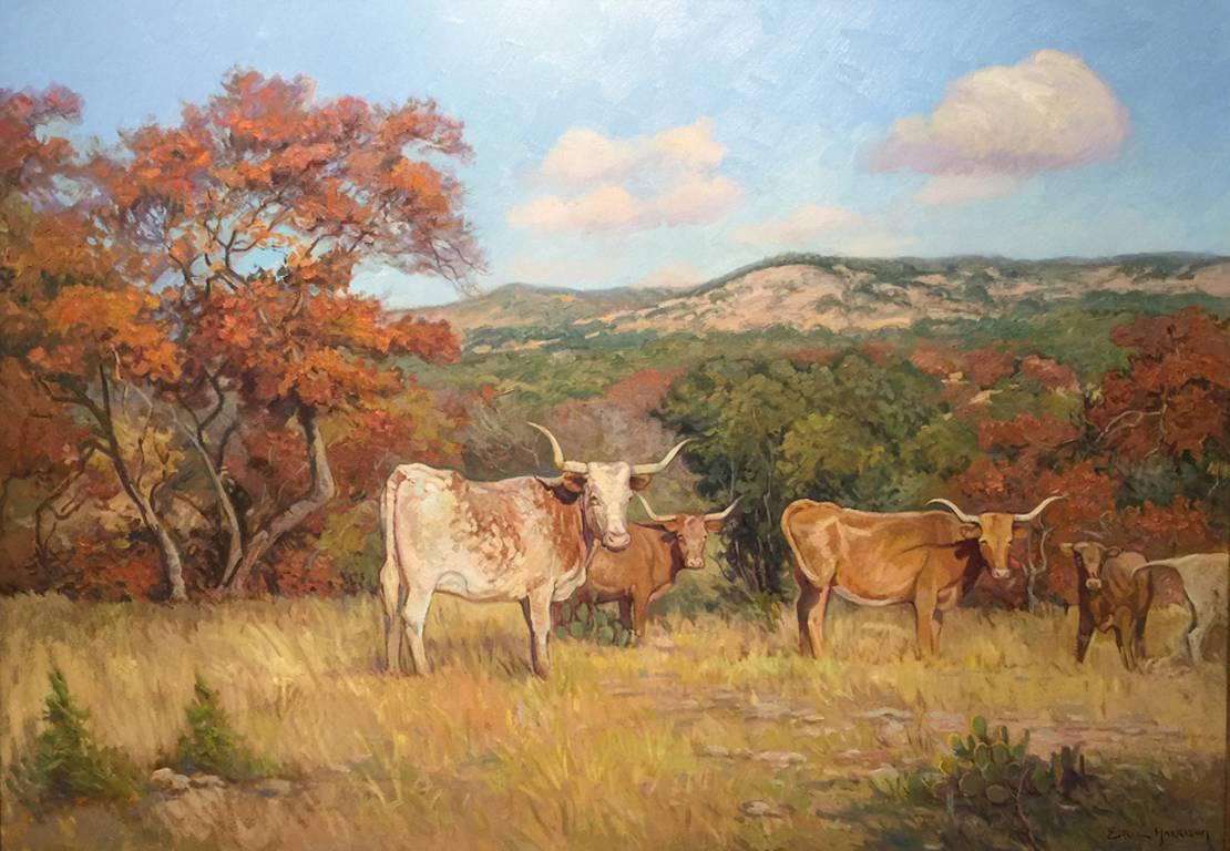 Eric Harrison Animal Painting - "Longhorns and Spanish Oaks"  Large Texas Painting Cattle fall colors