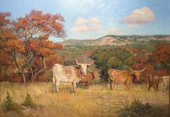 ""Longhorns und spanische Eiche"  Großes texanisches Gemälde in Herbst-Farben