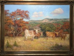 ""Longhorns und spanische Eiche"  Großes texanisches Gemälde in Herbst-Farben